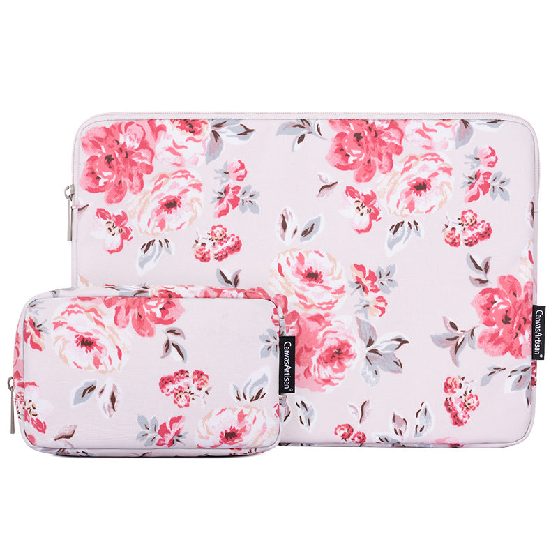 Watercolor Flower Printing Protective Laptop Sleeve Notebook PC Carrying Case with Small Bag - Light Pink/for 14-inch Laptop