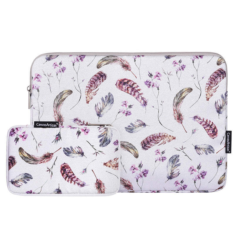 Watercolor Feather Pattern Ultra Slim Laptop Carrying Case Shockproof Notebook Sleeve with Small Bag - White/for 13-inch Laptop
