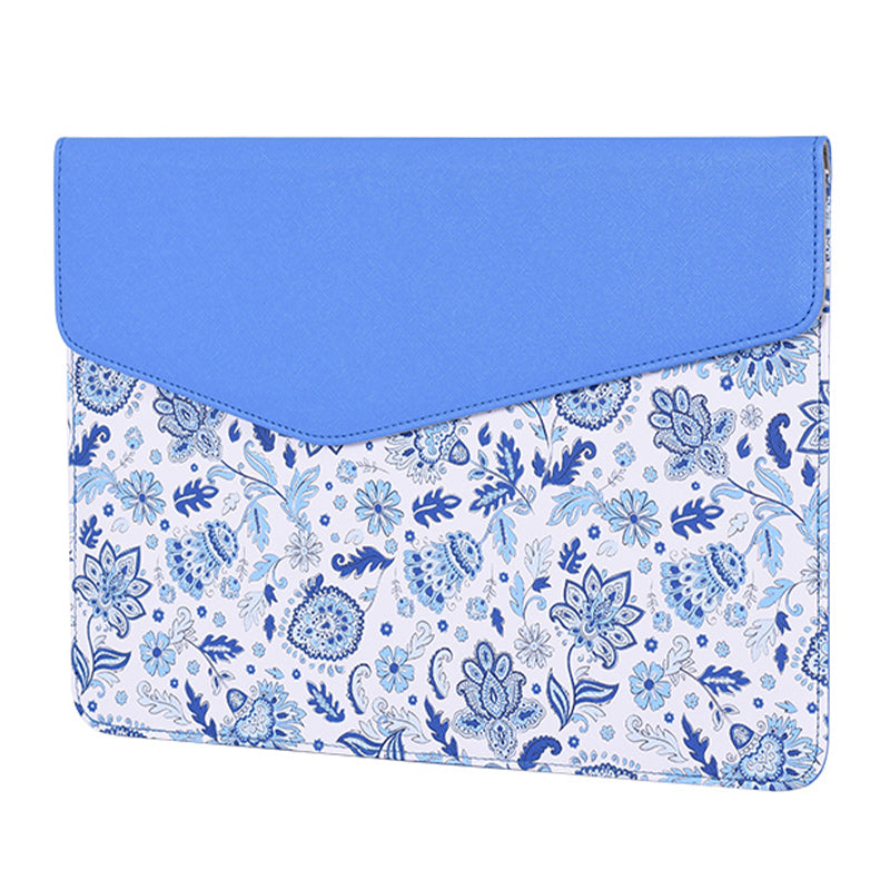 Magnetic Flip Cover PU Leather Laptop Sleeve Flower Pattern Notebook Case - Blue/for 14-inch Laptop