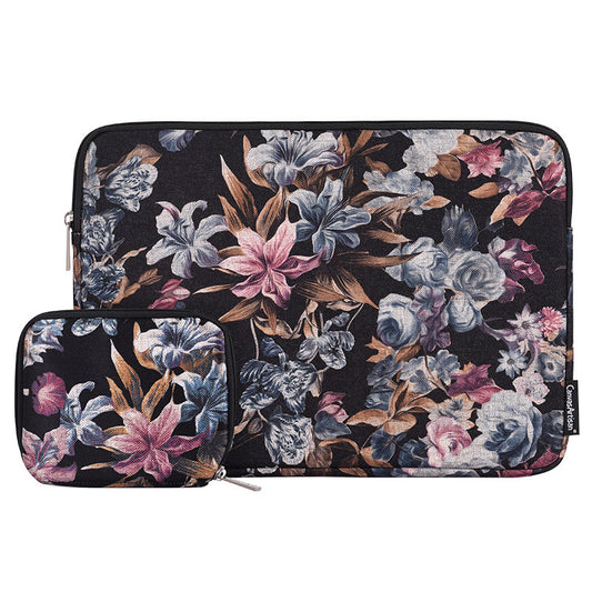 Watercolor Flower Pattern Polyester Laptop Computer Sleeve Carrying Case with Small Bag - Black/for 15-inch Laptop