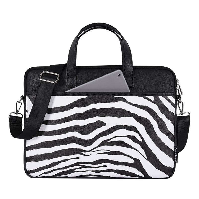 Zebra Stripes Laptop Protective Sleeve Case PU Leather Notebook Handbag with Shoulder Strap - Black/for 13-inch Laptop