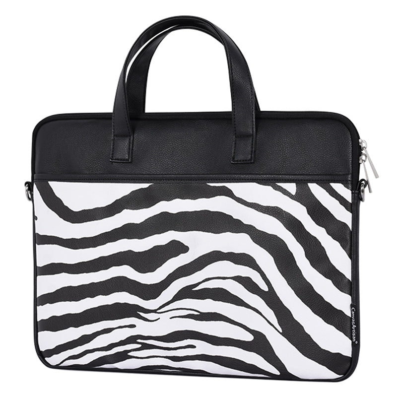 Zebra Stripes Laptop Protective Sleeve Case PU Leather Notebook Handbag with Shoulder Strap - Black/for 13-inch Laptop
