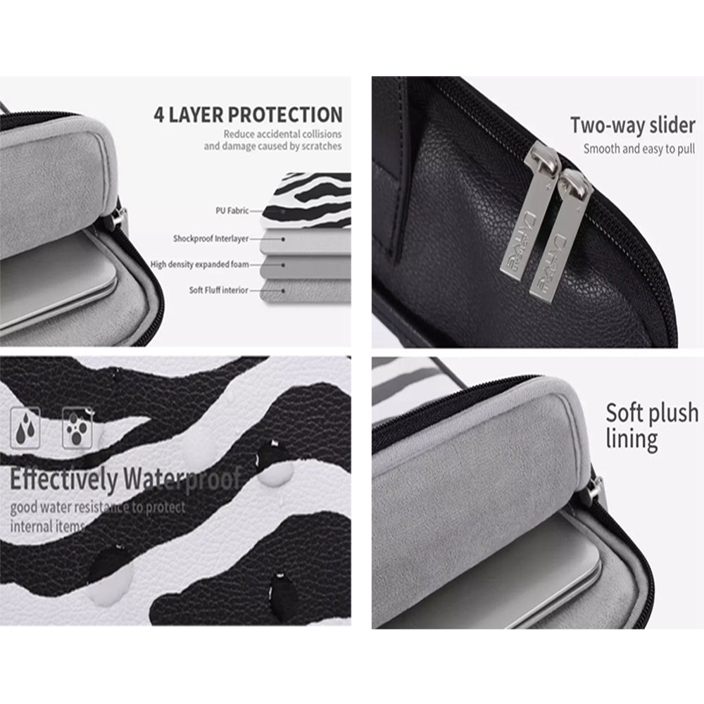 Zebra Stripes Laptop Protective Sleeve Case PU Leather Notebook Handbag with Shoulder Strap - Black/for 15-inch Laptop