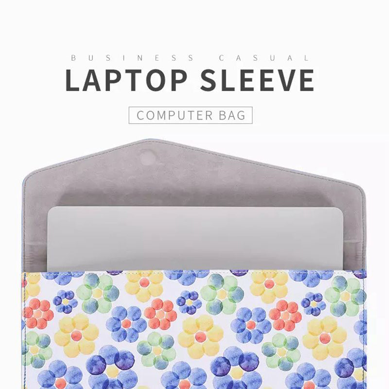 Canvasartian E51-13 Magnetic Closure Laptop Sleeve PU Leather Flower Pattern Notebook Bag - Blue/for 14-inch Laptop
