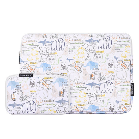 Cartoon Animals Printing Ultra-thin Laptop Sleeve Notebook Carrying Bag with Small Bag - White/for 11-inch Laptop