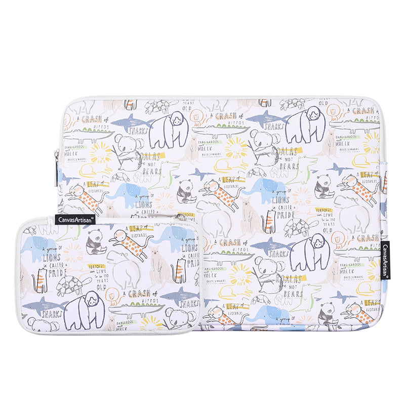 Cartoon Animals Printing Ultra-thin Laptop Sleeve Notebook Carrying Bag with Small Bag - White/for 12-inch Laptop