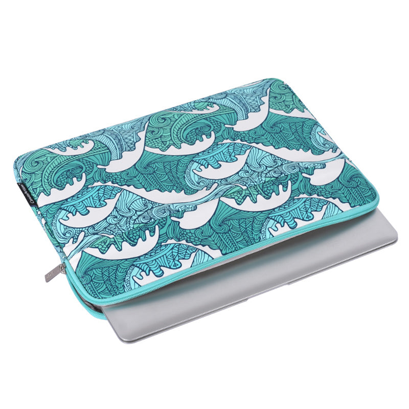 Sea Wave Pattern Shockproof Laptop Sleeve Zipper Notebook Carrying Bag with Front Pocket - Green/for 11-inch Laptop
