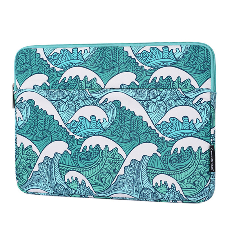Sea Wave Pattern Shockproof Laptop Sleeve Zipper Notebook Carrying Bag with Front Pocket - Green/for 13-inch Laptop