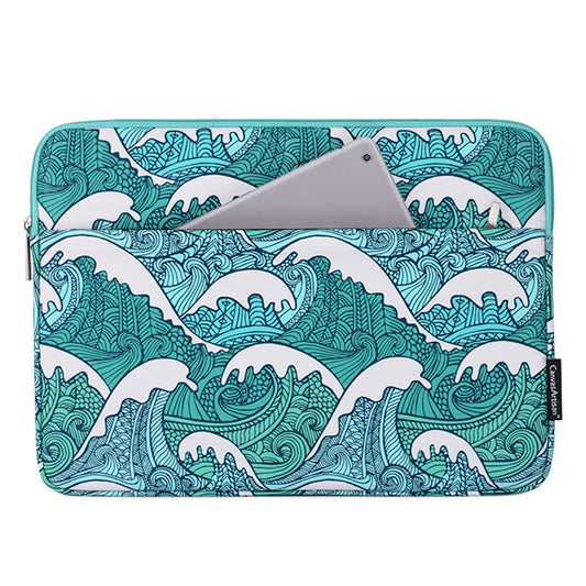Sea Wave Pattern Shockproof Laptop Sleeve Zipper Notebook Carrying Bag with Front Pocket - Green/for 14-inch Laptop