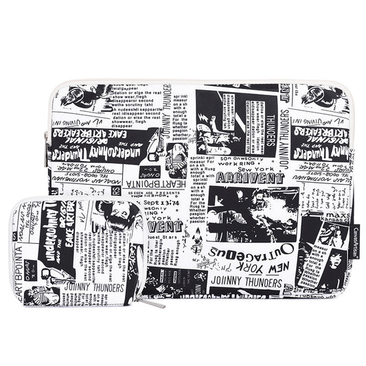 Black White Anime Pattern Polyester Laptop Carrying Bag Soft Liner Notebook Sleeve with Small Bag - White/for 12-inch Laptop