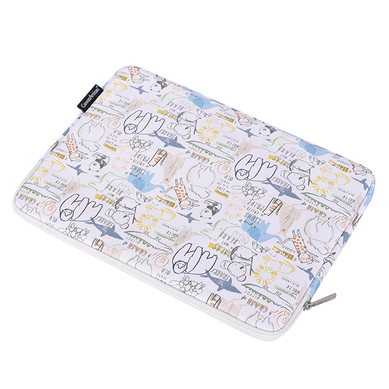 Cartoon Animals Pattern Protective Laptop Sleeve PU Leather Zipper Notebook Bag - White/for 11-inch Laptop