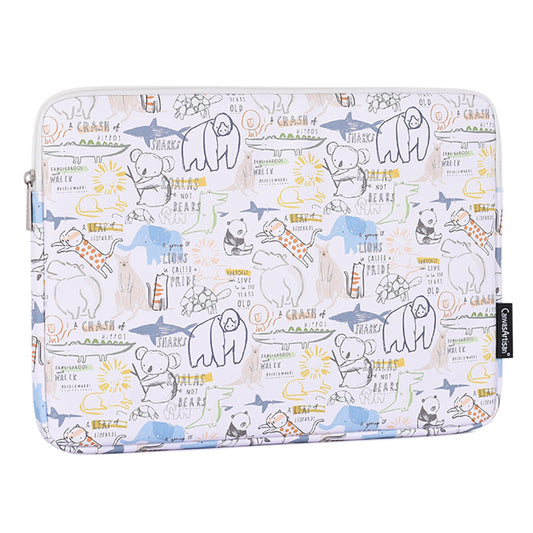 Cartoon Animals Pattern Protective Laptop Sleeve PU Leather Zipper Notebook Bag - White/for 13-inch Laptop