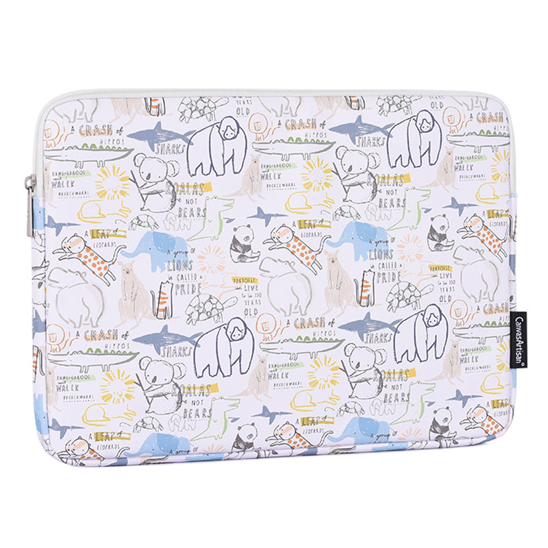 Cartoon Animals Pattern Protective Laptop Sleeve PU Leather Zipper Notebook Bag - White/for 14-inch Laptop