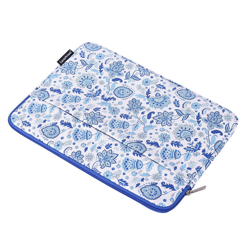Front Pocket Zipper PU Leather Laptop Sleeve Flower Pattern Full Protection Notebook Carrying Bag - Blue/White/for 11-inch Laptop