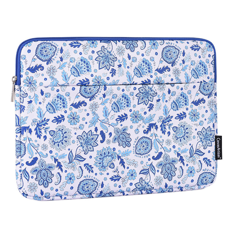 Front Pocket Zipper PU Leather Laptop Sleeve Flower Pattern Full Protection Notebook Carrying Bag - Blue/White/for 12-inch Laptop