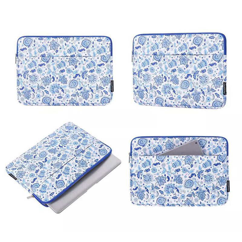 Front Pocket Zipper PU Leather Laptop Sleeve Flower Pattern Full Protection Notebook Carrying Bag - Blue/White/for 12-inch Laptop