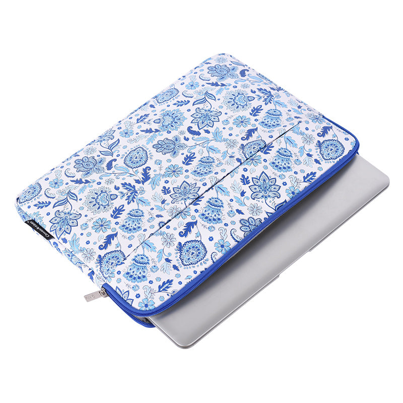 Front Pocket Zipper PU Leather Laptop Sleeve Flower Pattern Full Protection Notebook Carrying Bag - Blue/White/for 13-inch Laptop