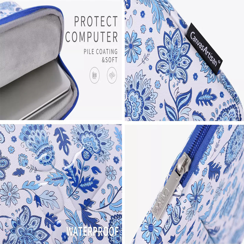 Front Pocket Zipper PU Leather Laptop Sleeve Flower Pattern Full Protection Notebook Carrying Bag - Blue/White/for 13-inch Laptop