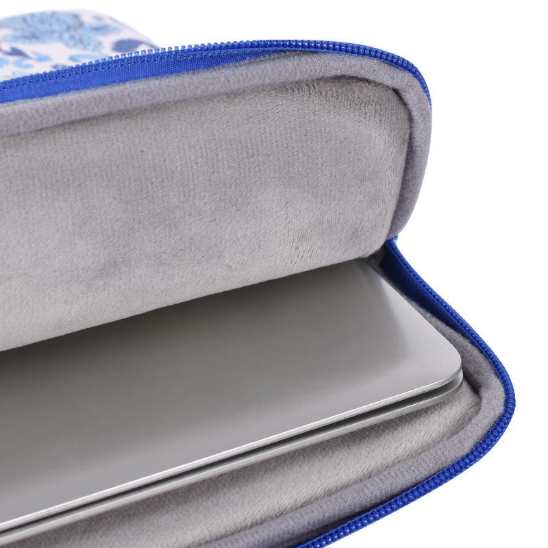 Front Pocket Zipper PU Leather Laptop Sleeve Flower Pattern Full Protection Notebook Carrying Bag - Blue/White/for 14-inch Laptop