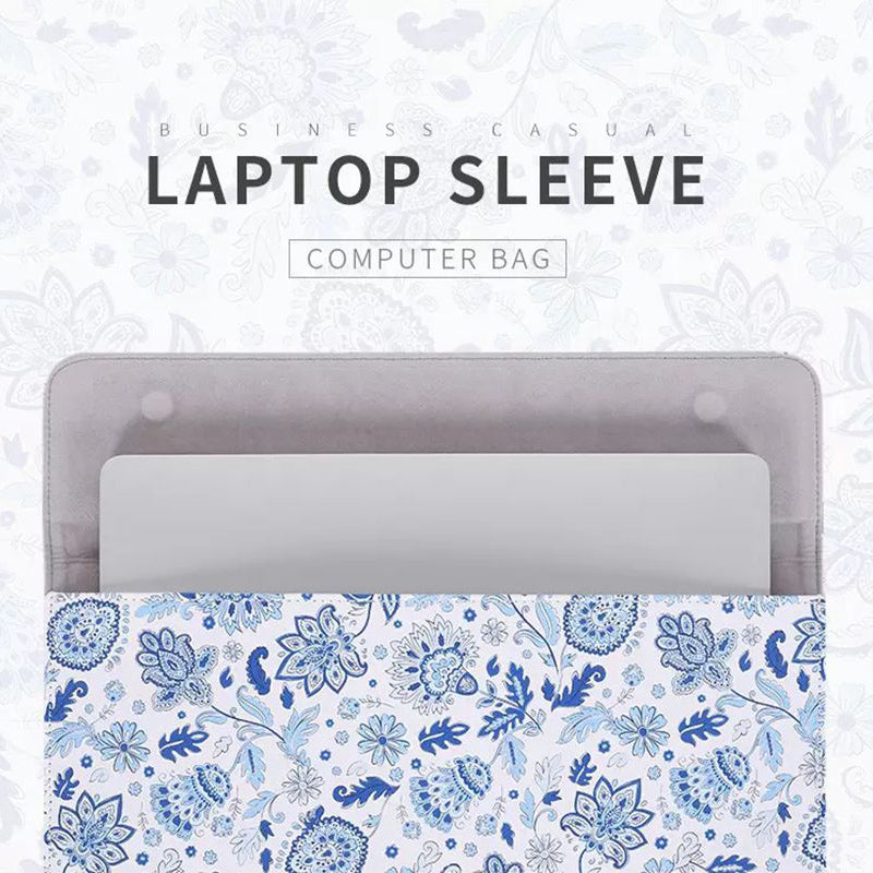Magnetic Closure PU Leather Laptop Sleeve Flower Pattern Notebook Carrying Bag - White/for 14-inch Laptop