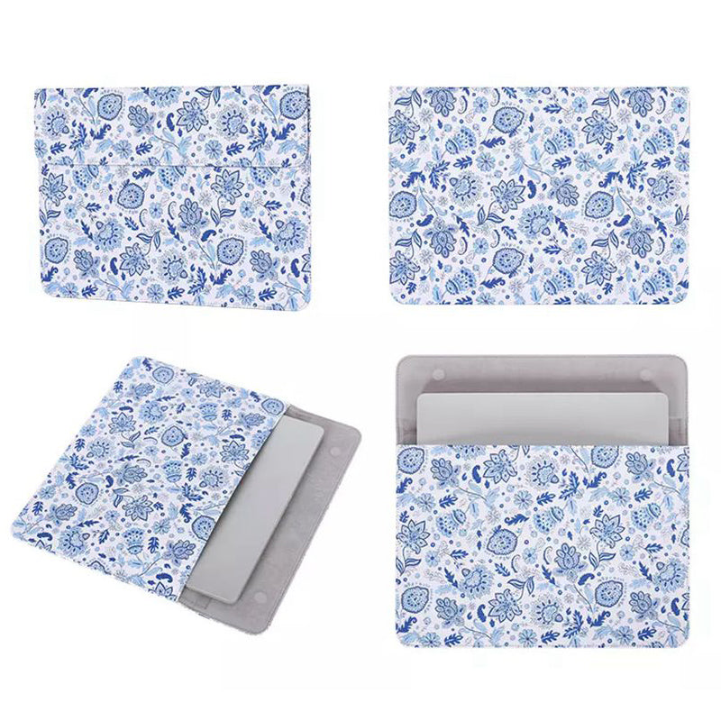Magnetic Closure PU Leather Laptop Sleeve Flower Pattern Notebook Carrying Bag - White/for 14-inch Laptop