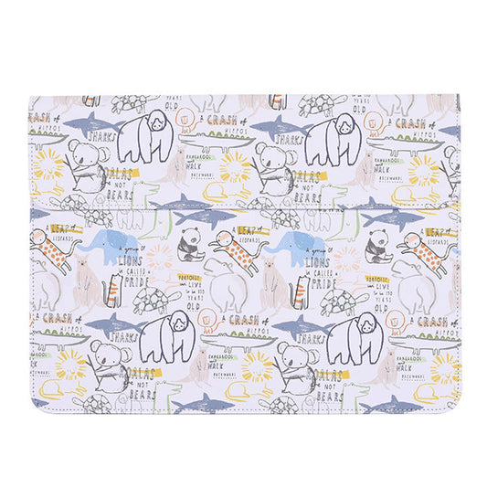 Cartoon Animal Pattern PU Leather Magnetic Flip Cover Laptop Sleeve Notebook Case Bag - White/for 12-inch Laptop