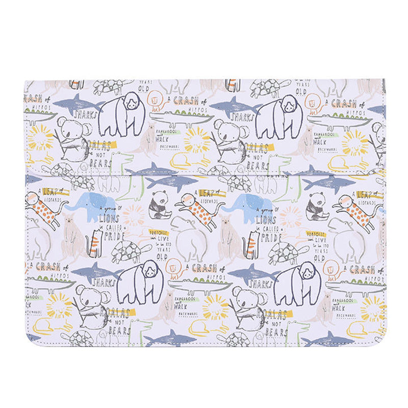 Cartoon Animal Pattern PU Leather Magnetic Flip Cover Laptop Sleeve Notebook Case Bag - White/for 14-inch Laptop