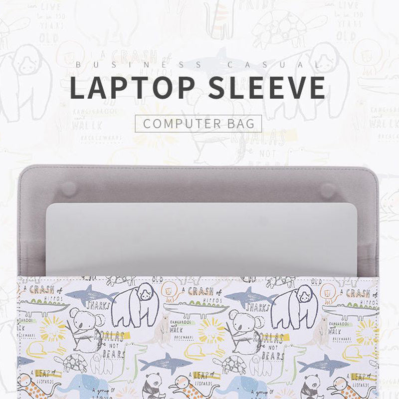 Cartoon Animal Pattern PU Leather Magnetic Flip Cover Laptop Sleeve Notebook Case Bag - White/for 14-inch Laptop