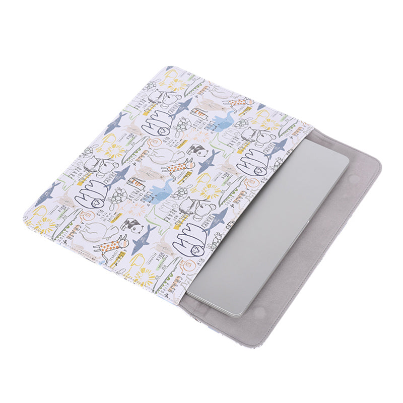 Cartoon Animal Pattern PU Leather Magnetic Flip Cover Laptop Sleeve Notebook Case Bag - White/for 14-inch Laptop