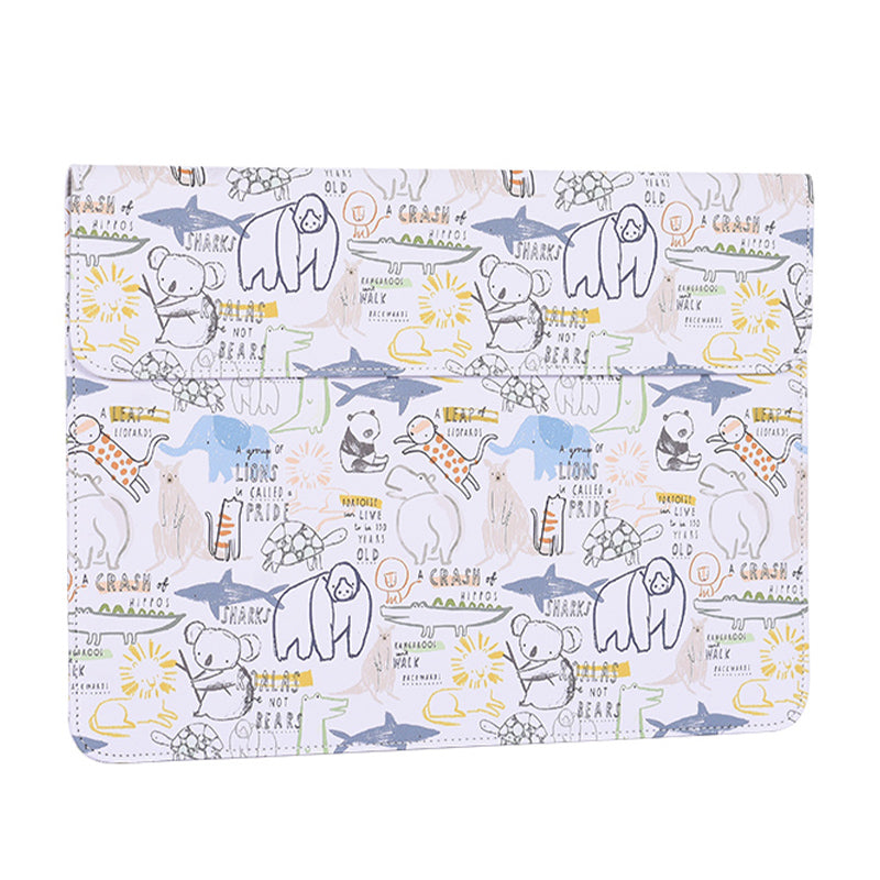 Cartoon Animal Pattern PU Leather Magnetic Flip Cover Laptop Sleeve Notebook Case Bag - White/for 14-inch Laptop