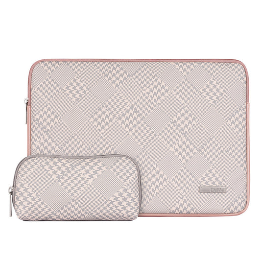 Houndstooth Pattern Zipper Laptop Sleeve Bag Notebook Protective Cover with Small Bag - Pink Edge/for 12-inch Laptop