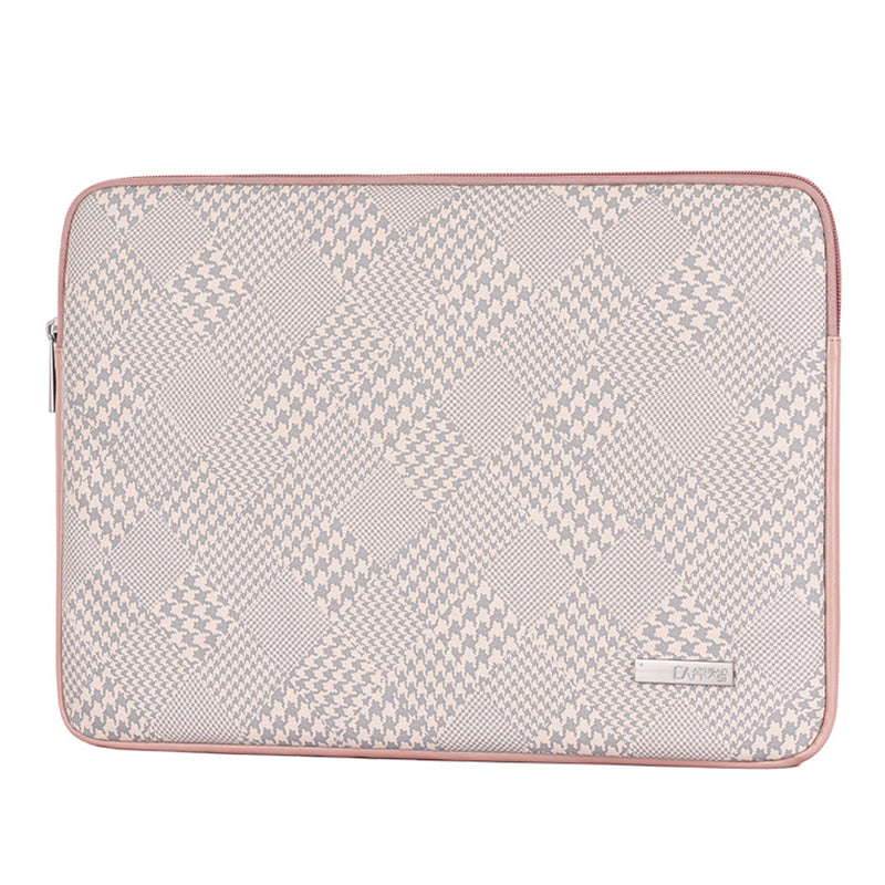 Houndstooth Pattern Zipper Laptop Sleeve Bag Notebook Protective Cover with Small Bag - Pink Edge/for 14-inch Laptop