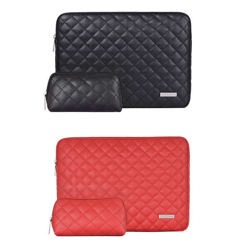 PU Leather Laptop Sleeve Rhombus Grid Notebook Case Carrying Bag with Small Bag - Black/for 14-inch Laptop