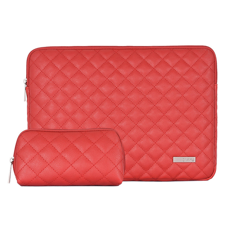 PU Leather Laptop Sleeve Rhombus Grid Notebook Case Carrying Bag with Small Bag - Red/for 13-inch Laptop
