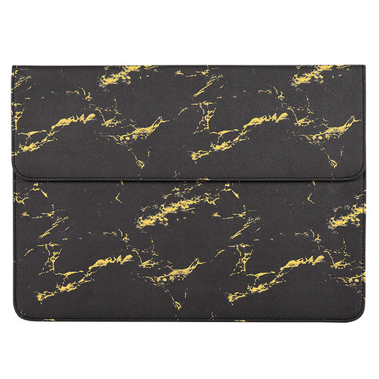 Magnetic Flip Cover PU Leather Laptop Sleeve Marble Pattern Notebook Carrying Bag - Black/Gold/for 12-inch Laptop