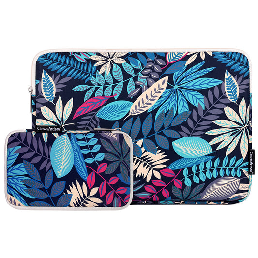Leaves Printed Ultra-thin Protective Laptop Sleeve Zipper Notebook PC Bag with Small Bag - Blue/for 11-inch Laptop