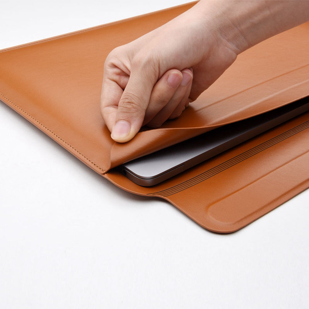 Wiwu Skin Pro Series Portable PU Leather Laptop Stand Sleeve for MacBook Pro 16 inch (2021), Smooth Surface Book Folio Cover - Brown