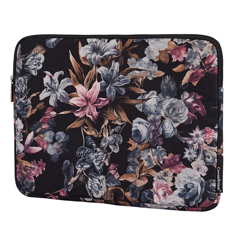 Fabric Watercolor Flower Pattern Laptop Sleeve Notebook Computer Protect Zipper Case Pouch Carrier Holder - Black/14 inch