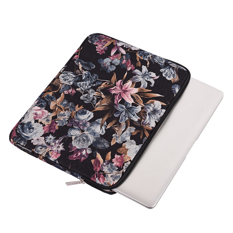 Fabric Watercolor Flower Pattern Laptop Sleeve Notebook Computer Protect Zipper Case Pouch Carrier Holder - Black/15 inch