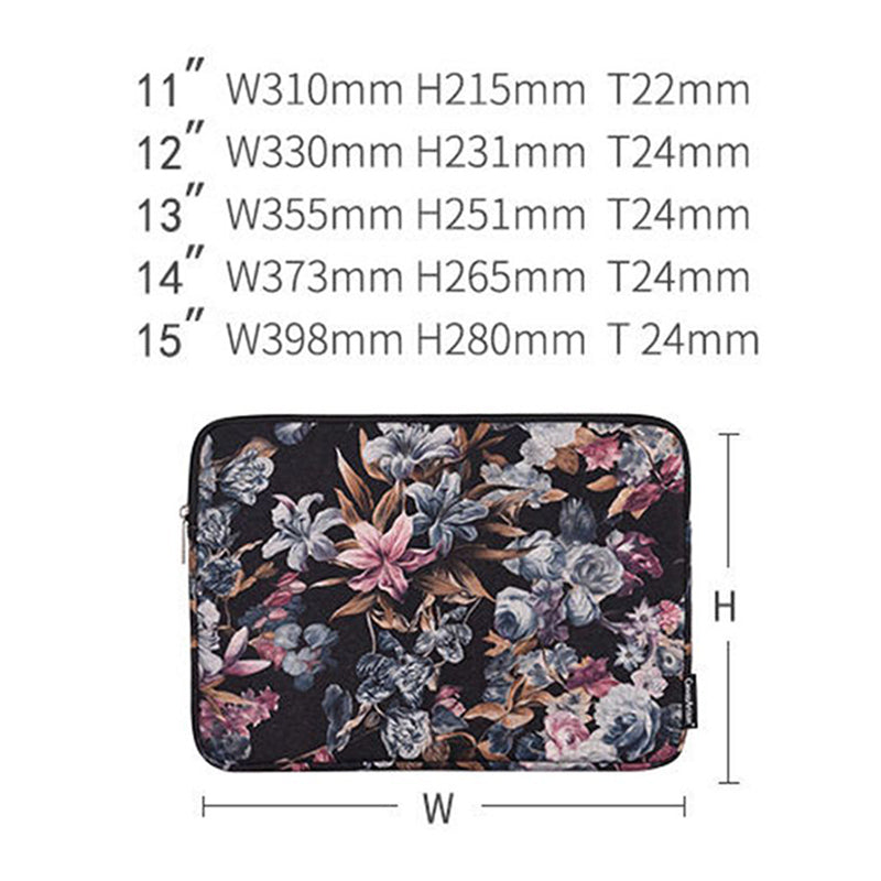 Fabric Watercolor Flower Pattern Laptop Sleeve Notebook Computer Protect Zipper Case Pouch Carrier Holder - Black/15 inch