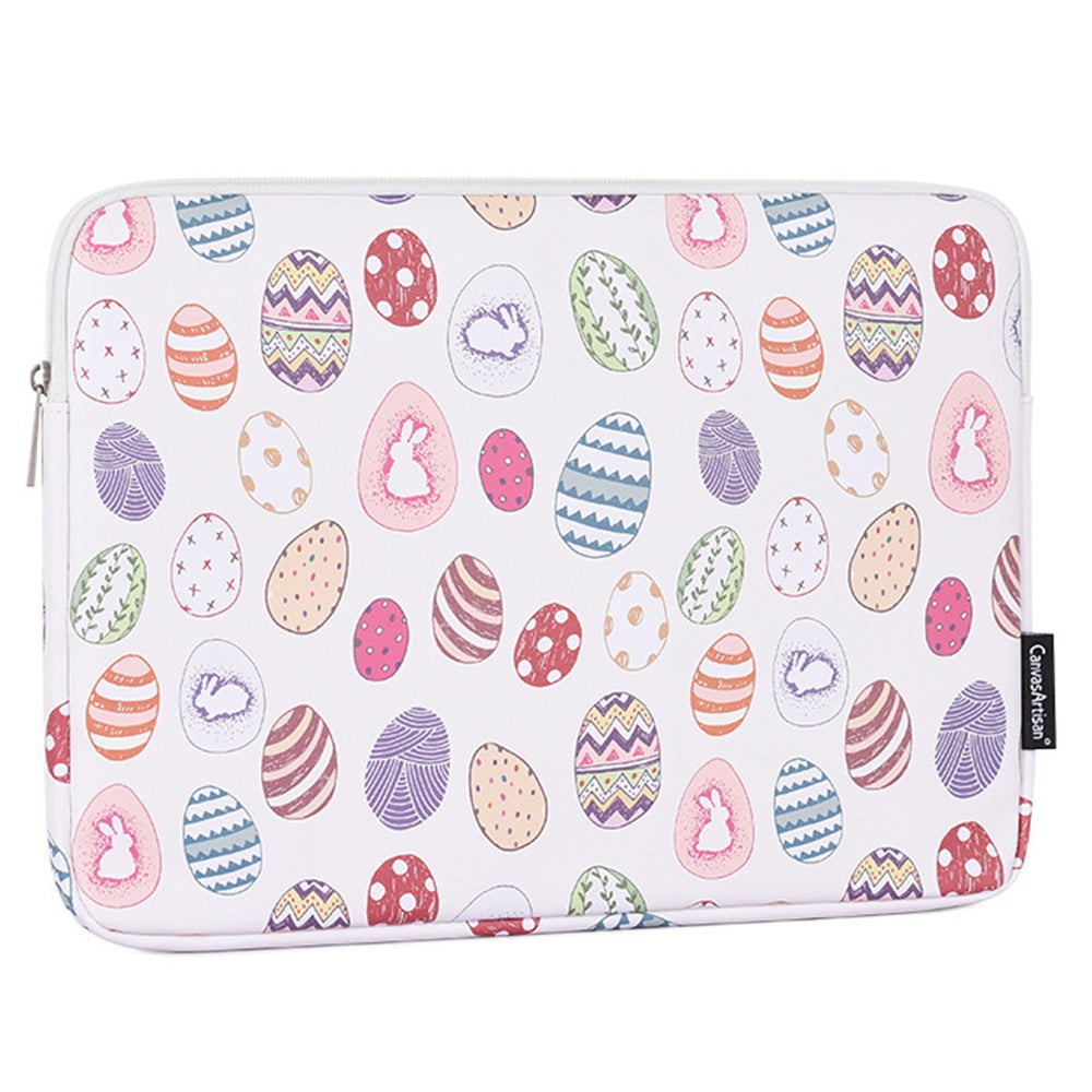 G52-T0111 2Pcs/Set 14-inch Notebook Carrying Bag with Small Bag Easter Bunny and Eggs Pattern PU Laptop Sleeve