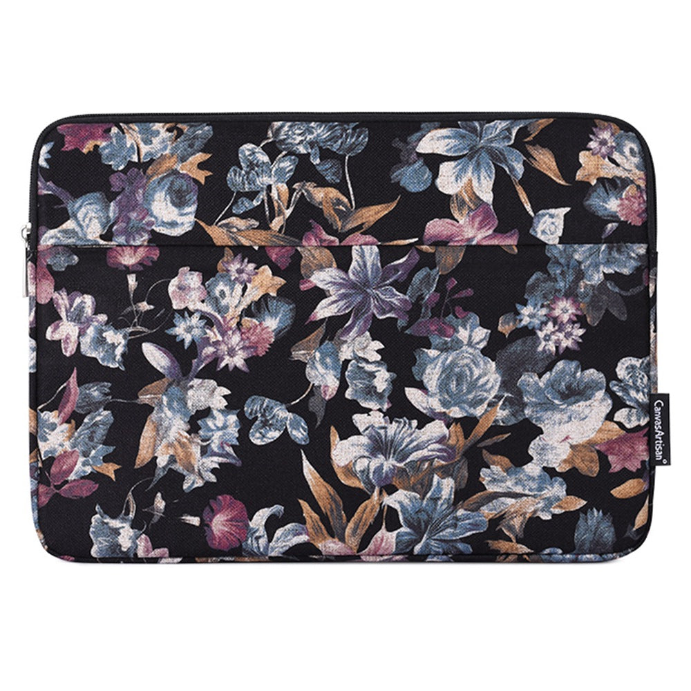 H2-11 Shock Absorption Lining 12-inch Notebook Zipper Bag Watercolor Flower Pattern Linen Laptop Sleeve