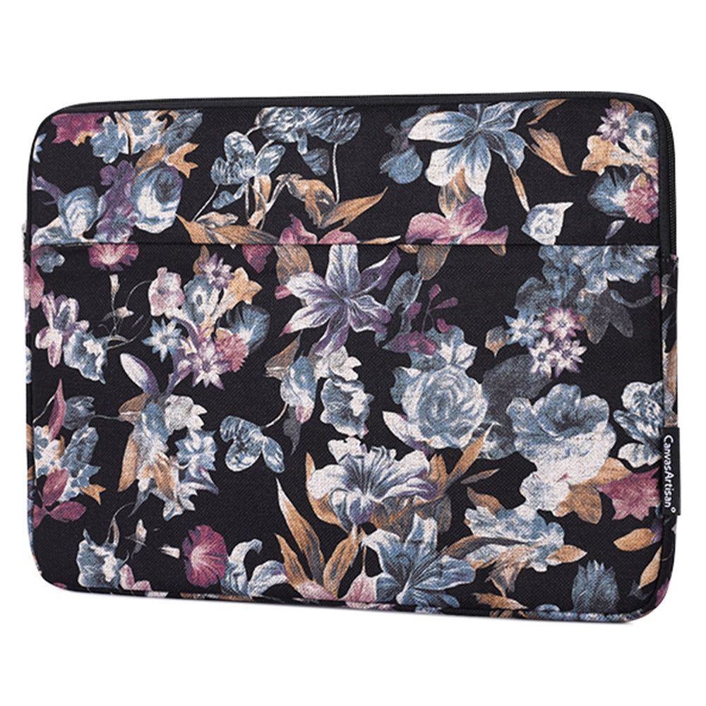 H2-11 Linen Laptop Sleeve Stylish Watercolor Flower Pattern 11-inch Notebook Zipper Bag
