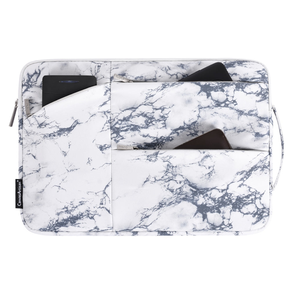 Marble Pattern Portable Sleeve Bag for 15 inch Laptops Anti-Scratch Slim Carry Case with 3-Pouches/Handle Strap Waterproof Notebook Bag - White