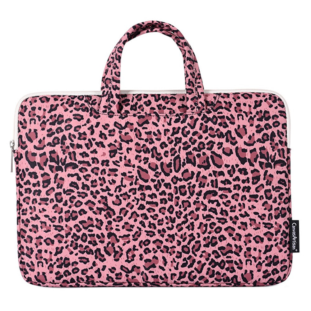 14inch Notebook Computer Carrying Bag Leopard Printing Pattern Waterproof Surface Laptop Protection Sleeve with Sturdy Handle Strap - Pink