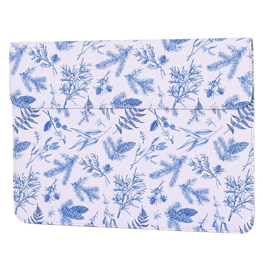 E55-T0121 for 12-inch Notebook Envelope Style PU Storage Bag Blue Leaves Pattern Magnetic Flap Laptop Sleeve + Small Bag
