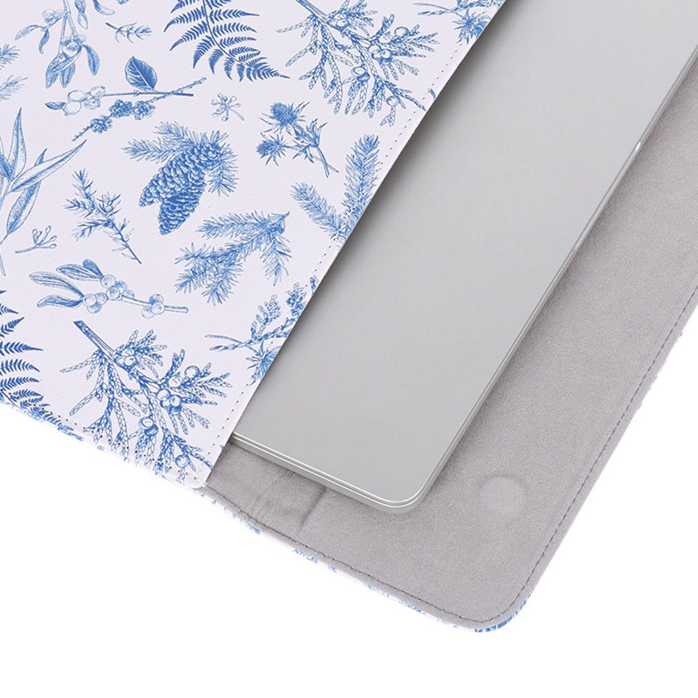 E55-T0121 for 13-inch Soft Lining Laptop Sleeve Blue Leaves Pattern Magnetic Flap Envelope Notebook Carrying Case + Small Bag
