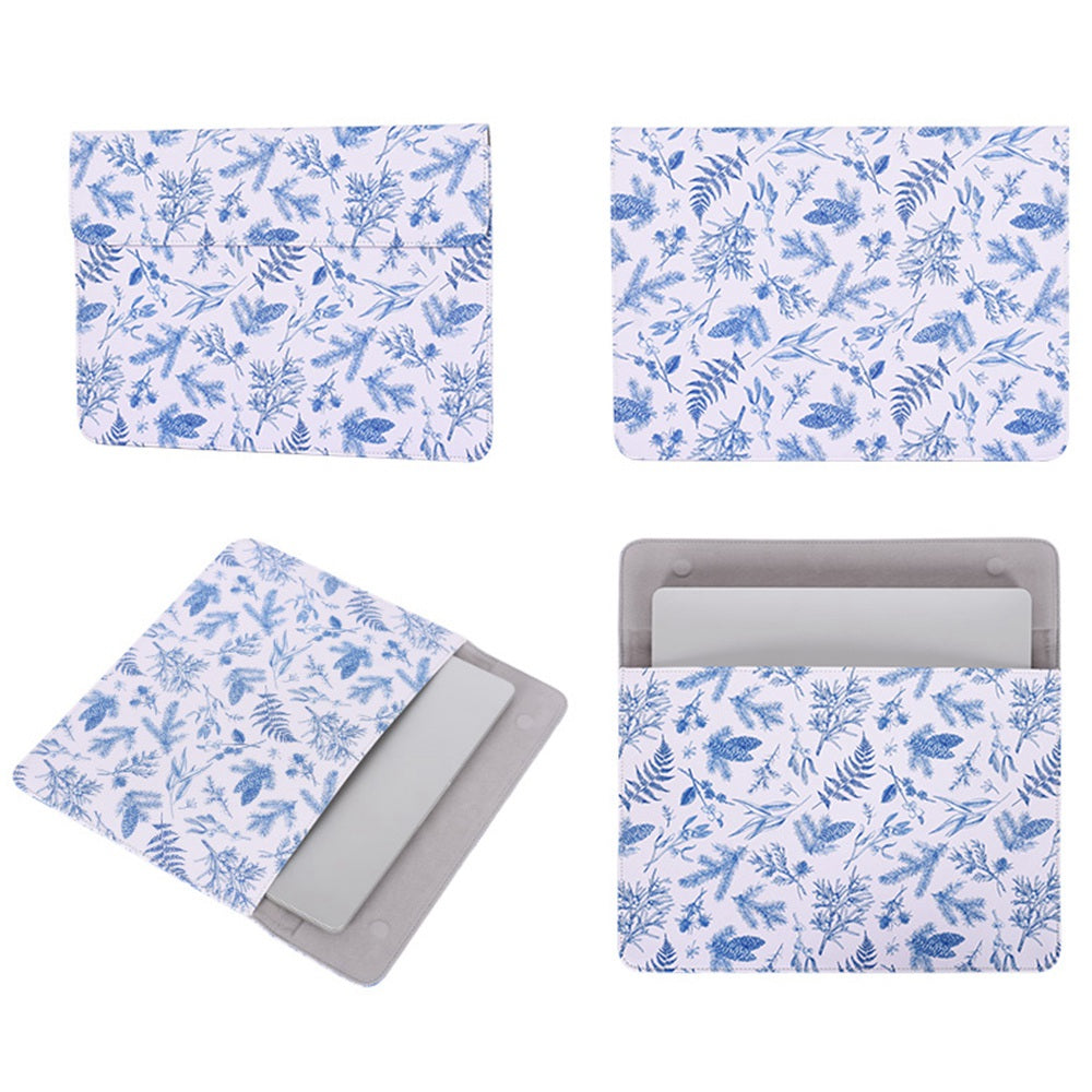 E55-T0121 for 13-inch Soft Lining Laptop Sleeve Blue Leaves Pattern Magnetic Flap Envelope Notebook Carrying Case + Small Bag