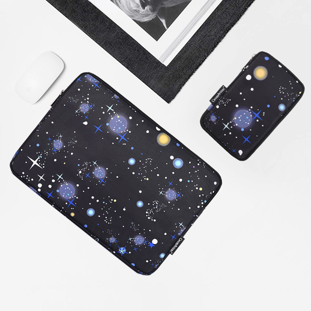 H16-T0121 11-inch Laptop Tablet PU Leather Sleeve Starry Sky Pattern Notebook Zipper Bag with Small Bag