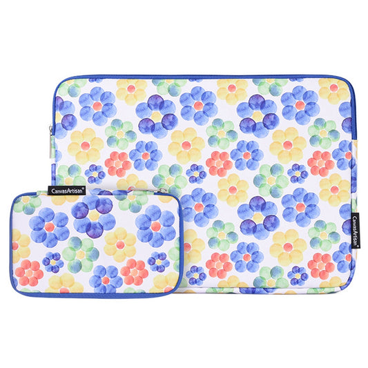 G51-T0121 2Pcs/Set 14-inch Notebook Carrying Bag with Small Bag Big Flower Watercolor Painting Ultra Thin PU Laptop Sleeve